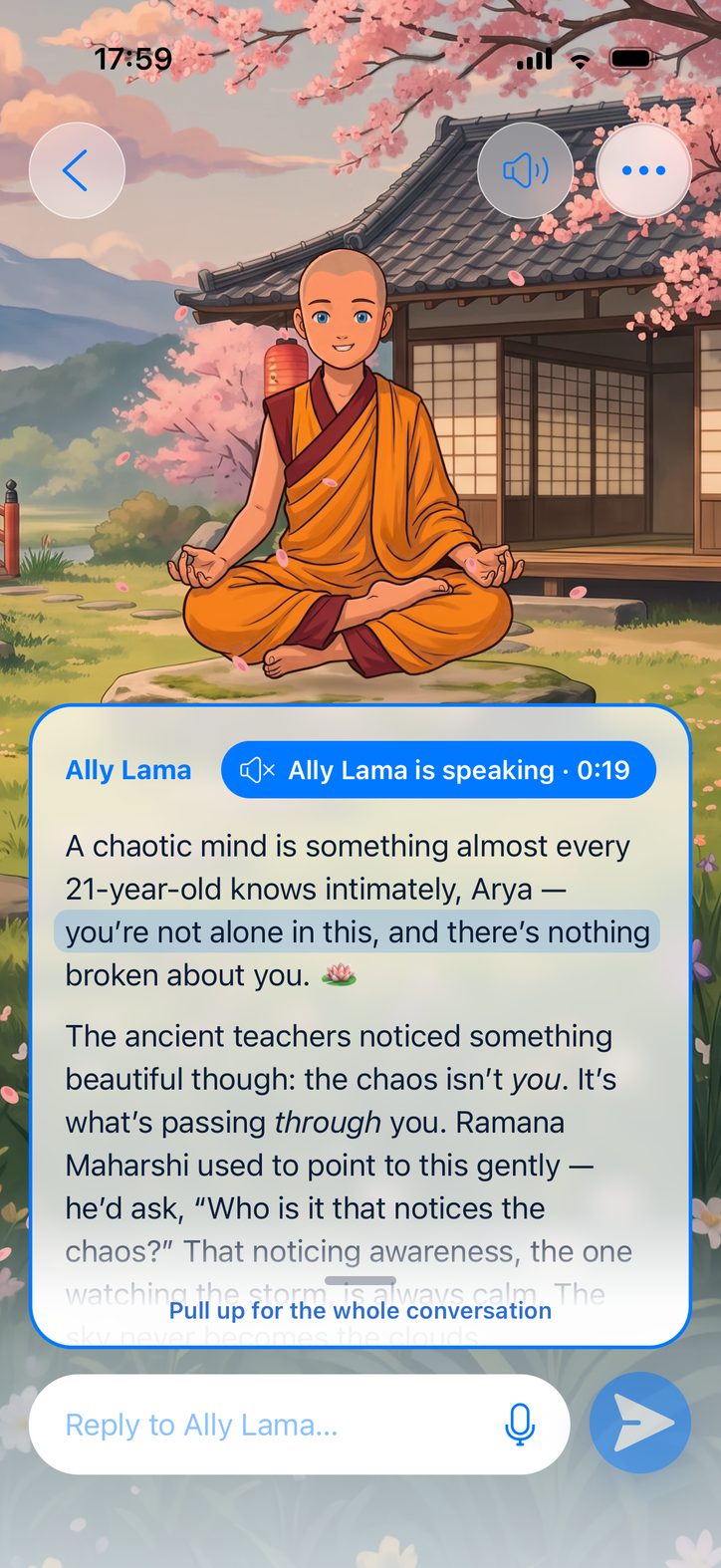 Ally Lama speaking a reply, with the spoken line highlighted