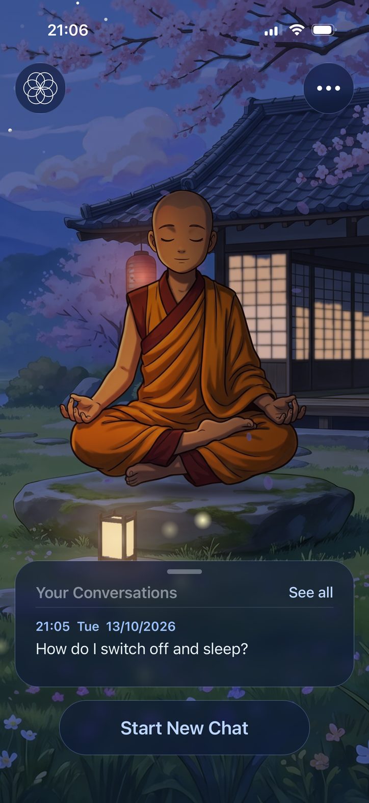 Ally Lama home screen at night, with the lantern lit
